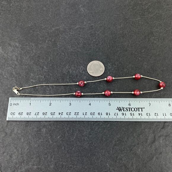 Red Floral Design Glass Bead Station Necklace | NWOT Sterling Silver 925 | 16" - Picture 6 of 6